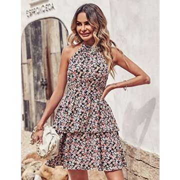 PRETTYGARDEN Women's Summer Boho Floral Sundress Sleeveless Halter Neck Elastic Waist Tiered Ruffle Mini Swing Dress (Black Red,Medium)