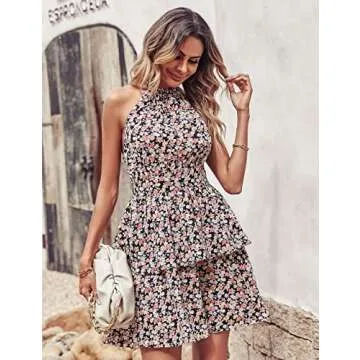 PRETTYGARDEN Women's Summer Boho Floral Sundress Sleeveless Halter Neck Elastic Waist Tiered Ruffle Mini Swing Dress (Black Red,Medium)