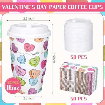 Whaline 50Pcs Valentine Disposable Coffee Cups With Lids And Sleeves Colorful Conversation Heart Pap...