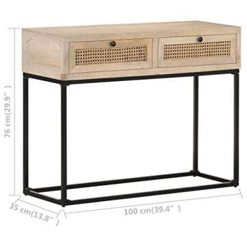 vidaXL Solid Mango Wood and Natural Cane Console Table - Industrial-Style Rectangular Hall Table wit...