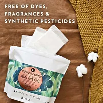 L. Ultra Thin Unscented Pads with Wings, Regular Absorbency, 42 Ct, 100% Pure Cotton Chlorine Free Top Layer