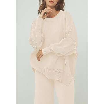 Pink Queen 2 Piece Outfits For Women Winter Oversized Puff Sleeve Pullover Tops Sweatpants Fall Lounge Wear Sets Beige S