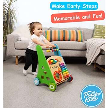 PIDOKO KIDS Wooden Baby Walker - Baby Activity Center Toys for 1 Year Old Boy Girl | Push Walker Toy For Babies - Baby Walkers For Girls Boys 12-18 Months | First 1st Birthday Gifts Toddlers Book Cups