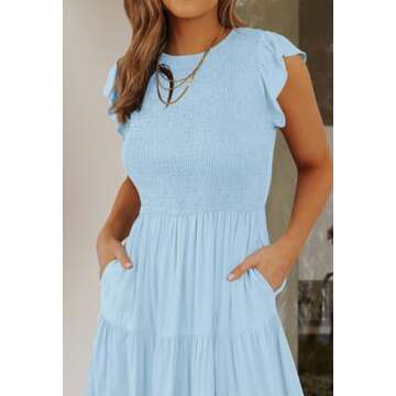 ZESICA Women's 2024 Summer Casual Flutter Short Sleeve Crew Neck Smocked Elastic Waist Tiered Midi Dress,Blue,Medium