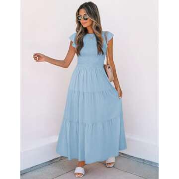 ZESICA Women's 2024 Summer Casual Flutter Short Sleeve Crew Neck Smocked Elastic Waist Tiered Midi Dress,Blue,Medium