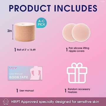 VBT Boob Tape - Breast Lift Tape, Body Tape for Breast Lift w 2 Pcs Silicone Breast Reusable Adhesiv...