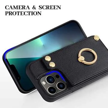 LAMEEKU Compatible with iPhone 13 Pro Case Wallet 6.1'', Leather Case with Card Holder, RFID Blocking, 360°Rotation Ring Kickstand, Snap Button Protective Case Designed for Apple iPhone 13 Pro Black