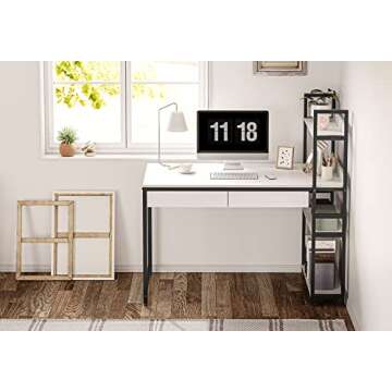 CubiCubi Computer Desk with Shelves, Office Desk with Drawers, 47 Inch Writing Desk with Storage Study Table for Home Office, Living Room, Bedroom, White