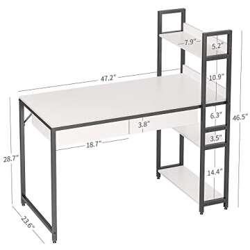 CubiCubi Computer Desk with Shelves, Office Desk with Drawers, 47 Inch Writing Desk with Storage Study Table for Home Office, Living Room, Bedroom, White