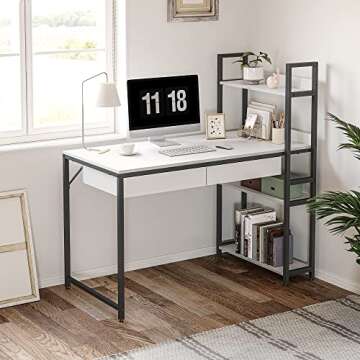 CubiCubi Computer Desk with Shelves, Office Desk with Drawers, 47 Inch Writing Desk with Storage Study Table for Home Office, Living Room, Bedroom, White