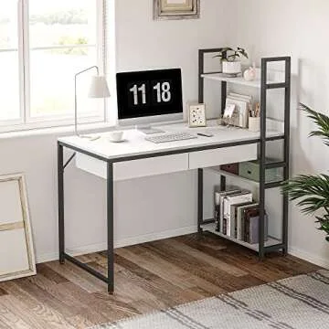 CubiCubi Computer Desk with Shelves, Office Desk with Drawers, 47 Inch Writing Desk with Storage Study Table for Home Office, Living Room, Bedroom, White