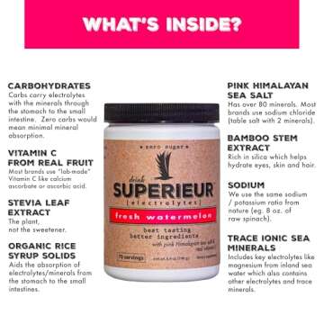 Superieur Electrolytes – Plant Based Electrolyte Supplement w/Sea Minerals for Hydration & Recovery – Keto Friendly, Non-GMO, Zero Sugar, Vegan Healthy Sports Drink Powder – Watermelon (70 Servings)