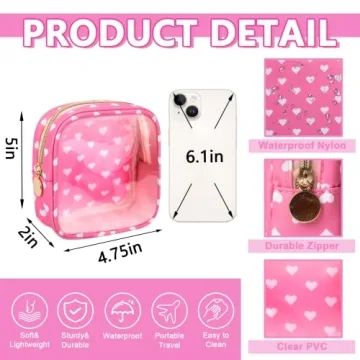 UIXIZQ Clear Mini Makeup Bag for Purse, Small Nylon&PVC Cosmetic Travel Bag TSA Approved Toiletry Bag with Zipper, Preppy Transparent Makeup Travel Bag Coin Purse for Women Men Girls(Mini-Pink Heart)