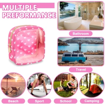 UIXIZQ Clear Mini Makeup Bag for Purse, Small Nylon&PVC Cosmetic Travel Bag TSA Approved Toiletry Bag with Zipper, Preppy Transparent Makeup Travel Bag Coin Purse for Women Men Girls(Mini-Pink Heart)