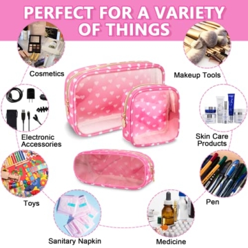 UIXIZQ Clear Mini Makeup Bag for Purse, Small Nylon&PVC Cosmetic Travel Bag TSA Approved Toiletry Bag with Zipper, Preppy Transparent Makeup Travel Bag Coin Purse for Women Men Girls(Mini-Pink Heart)