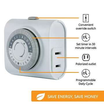 GE 24-Hour Indoor Plug-In Outlet Timer, 1 Polarized Outlet, Timers for Electrical Outlets Indoor, Li...
