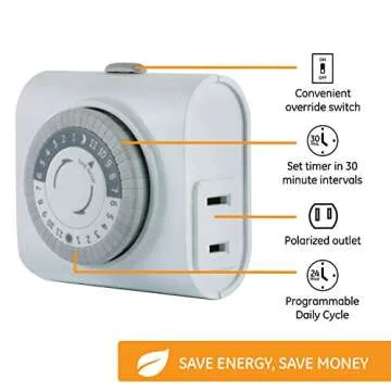 GE 24-Hour Indoor Plug-In Outlet Timer, 1 Polarized Outlet, Timers for Electrical Outlets Indoor, Li...