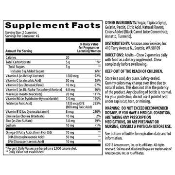 Amazon Brand - Solimo Women's Prenatal Vitamins & DHA - Pregnancy Wellness - Gummies (45-Day Supply), Lemon, Orange & Strawberry flavor, 90 Count (Pack of 1)