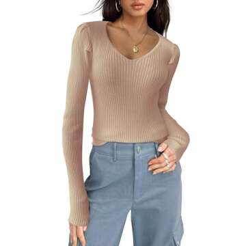 Zeagoo Womens Sweaters Fall Fashion 2024 V Neck Long Sleeve Shirts Pullover Casual Puff Sweater Top ...