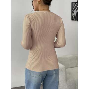 Zeagoo Womens Sweaters Fall Fashion 2024 V Neck Long Sleeve Shirts Pullover Casual Puff Sweater Top Khaki S