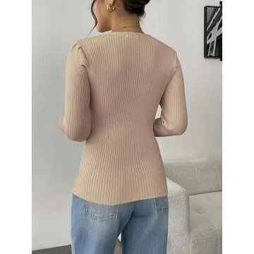Zeagoo Womens Sweaters Fall Fashion 2024 V Neck Long Sleeve Shirts Pullover Casual Puff Sweater Top Khaki S