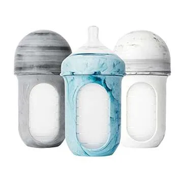 Boon Nursh Reusable Silicone Baby Bottles with Collapsible Silicone Pouch Design - Baby Bottle Set - Baby Feeding Essentials - Stage 2 Medium Flow - 8 Oz - 3 Count