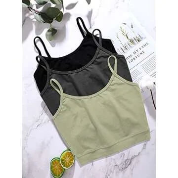 4 Pack Cropped Tank Tops for Women, Spaghetti Strap Crop Top Basic Sports Crop Cami Half Camisoles for Teen Girls (Black, White, Dark Grey, Olive, L)