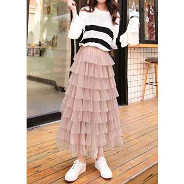 ebossy Women's Sweet Elastic Waist Tulle Layered Ruffles Mesh Long Tiered Skirt - Stylish Comfort in...