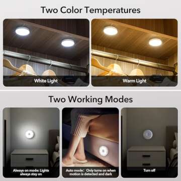 XLYS 6 Pack Puck Lights with Remote, Motion Sensor Light Indoor, Rechargeable Under Cabinet Lighting Wireless, LED Closet Lights with Warm and Cool White, for Kitchen, Hallway, Stairs