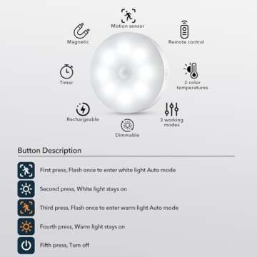 XLYS 6 Pack Puck Lights with Remote, Motion Sensor Light Indoor, Rechargeable Under Cabinet Lighting Wireless, LED Closet Lights with Warm and Cool White, for Kitchen, Hallway, Stairs