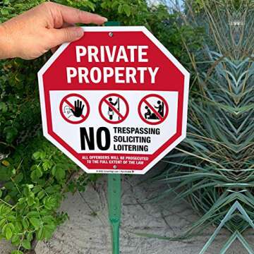 SmartSign 10" x 10" 'Private Property No Trespassing No Soliciting Offenders Prosecuted' Octagon Yard Sign with 3 ft Stake, 40 mil Laminated Rustproof Aluminum, Red/Black and White, USA-Made
