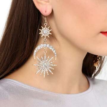 Exaggerated Luxury Sun Moon Stars Drop Earrings Rhinestone Punk Earrings for Women Jewelry Golden Bo...