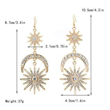Exaggerated Luxury Sun Moon Stars Drop Earrings Rhinestone Punk Earrings for Women Jewelry Golden Boho Vintage Statement Earrings