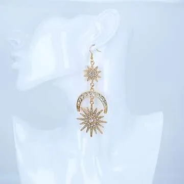 Exaggerated Luxury Sun Moon Stars Drop Earrings Rhinestone Punk Earrings for Women Jewelry Golden Boho Vintage Statement Earrings