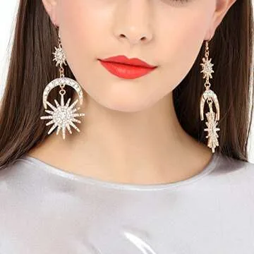 Exaggerated Luxury Sun Moon Stars Drop Earrings Rhinestone Punk Earrings for Women Jewelry Golden Boho Vintage Statement Earrings
