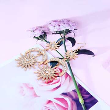 Exaggerated Luxury Sun Moon Stars Drop Earrings Rhinestone Punk Earrings for Women Jewelry Golden Boho Vintage Statement Earrings