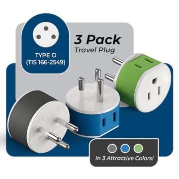 OREI Thailand Power Plug Adapter with 2 USA Inputs - Travel 3 Pack - 2 x Type O, 1 x Type C (US-18) ...