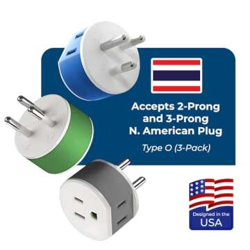 OREI Thailand Power Plug Adapter with 2 USA Inputs - Travel 3 Pack - 2 x Type O, 1 x Type C (US-18) Safe Grounded Use with Cell Phones, Laptop, Camera Chargers, CPAP, and More
