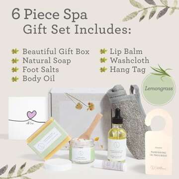 Lizush Lemongrass 6-Piece Spa Gift Set for Women - Relaxing Self-Care Basket, Luxury Handmade Body C...