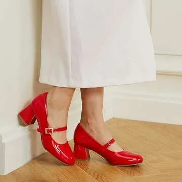 Trary Mary Jane Shoes Women, Chunky Mary Janes Heels for Women Shoes Dressy Casual, Red Dress Shoes for Women Block Heels Closed Toe Mary Jane Pumps
