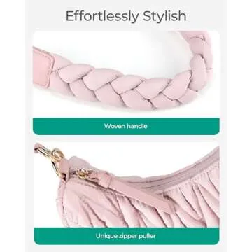 BAGSMART Shoulder Bags for Women, Small Puffer Casual Quilted Handbags for Everyday, Fluffy Crescent Bag with Woven Top-Handle, Baby Pink
