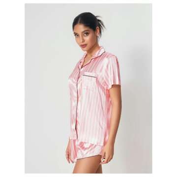 WDIRARA Women's Satin Sleepwear Short Sleeve Button Shirt and Shorts Pajama Set Silky PJ Striped Pink L