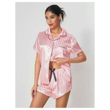 WDIRARA Women's Satin Sleepwear Short Sleeve Button Shirt and Shorts Pajama Set Silky PJ Striped Pink L