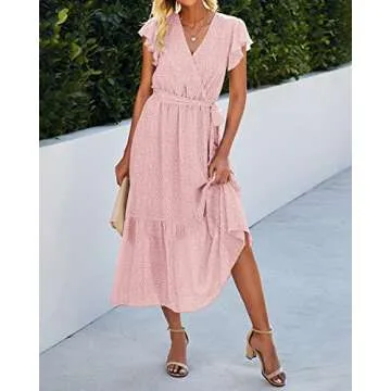 BTFBM Women Summer Bohemian Floral Casual Wrap V Neck Ruffle Cap Sleeveless Belt A-Line Pleated Hem Swing Midi Sun Dress (Pink, x_l)