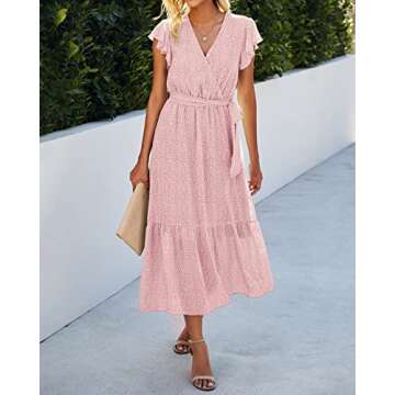 BTFBM Women Summer Bohemian Floral Casual Wrap V Neck Ruffle Cap Sleeveless Belt A-Line Pleated Hem Swing Midi Sun Dress (Pink, x_l)