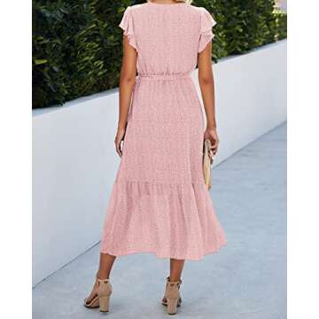 BTFBM Women Summer Bohemian Floral Casual Wrap V Neck Ruffle Cap Sleeveless Belt A-Line Pleated Hem Swing Midi Sun Dress (Pink, x_l)