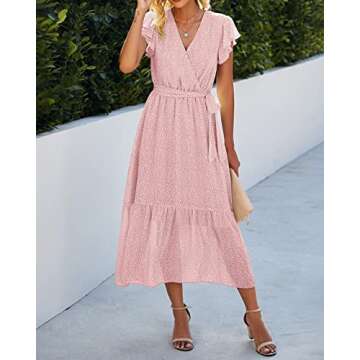 BTFBM Women Summer Bohemian Floral Casual Wrap V Neck Ruffle Cap Sleeveless Belt A-Line Pleated Hem Swing Midi Sun Dress (Pink, x_l)