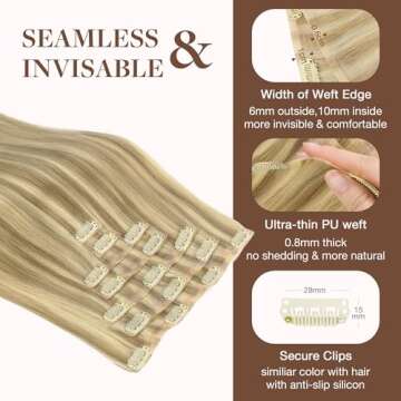 GOO GOO Clip in Hair Extensions Real Human Hair, Remy Human Hair Extensions Clip ins for Women, Natural Human Hair, 16inch 130g 7Pcs, 16/22 Light Blonde Highlighted Golden Blonde