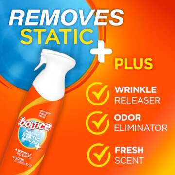 Bounce Anti Static Spray, 3-in-1 Odor Eliminator, Wrinkle Release & Static Remover (9.7 Fl Oz)