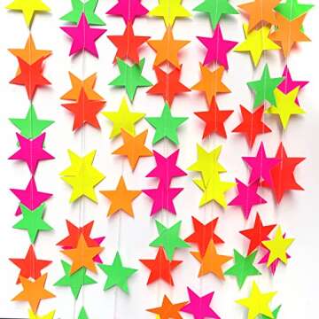 110feet UV Star Paper Neon Garland Neon Streamers Black Light Neon Decorations for Dark Glow Party U...